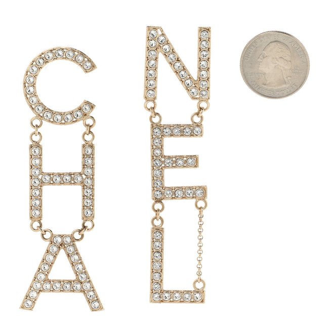 Crystal Cha-Nel Logo Drop Earrings Gold Main Image