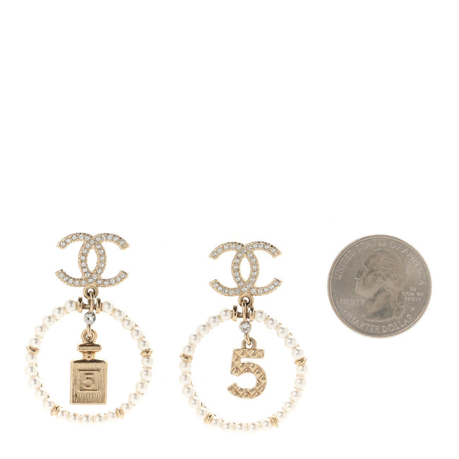 Crystal Pearl Chanel Charms CC Drop Earrings Gold Main Image