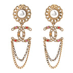 Pearl Crystal Chain Link CC Drop Earrings Gold Red Pink Yellow