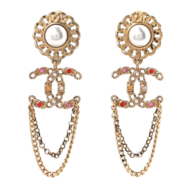 Pearl Crystal Chain Link CC Drop Earrings Gold Red Pink Yellow Hover Image
