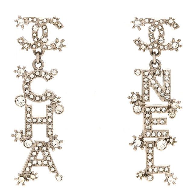 Crystal Cha-Nel Logo Drop Earrings Silver Hover Image