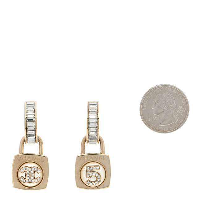 Pearl Crystal Baguette No 5 Lock Drop Earrings Gold Pearly White Main Image