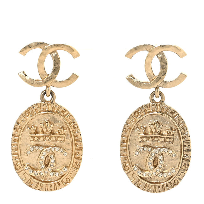 Crystal CC Medallion Drop Earrings Gold Hover Image