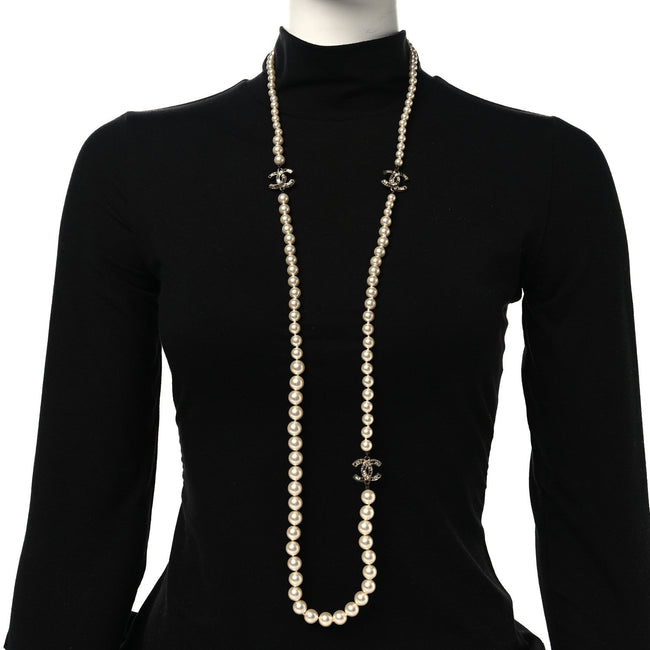 Graduated Pearl Crystal CC Long Necklace Gold Black Main Image