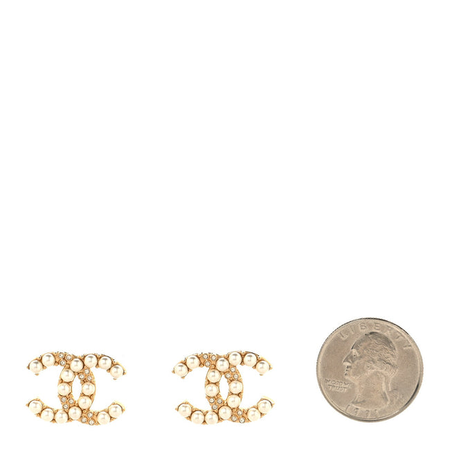 Metal Crystal Pearl CC Earrings Gold Main Image
