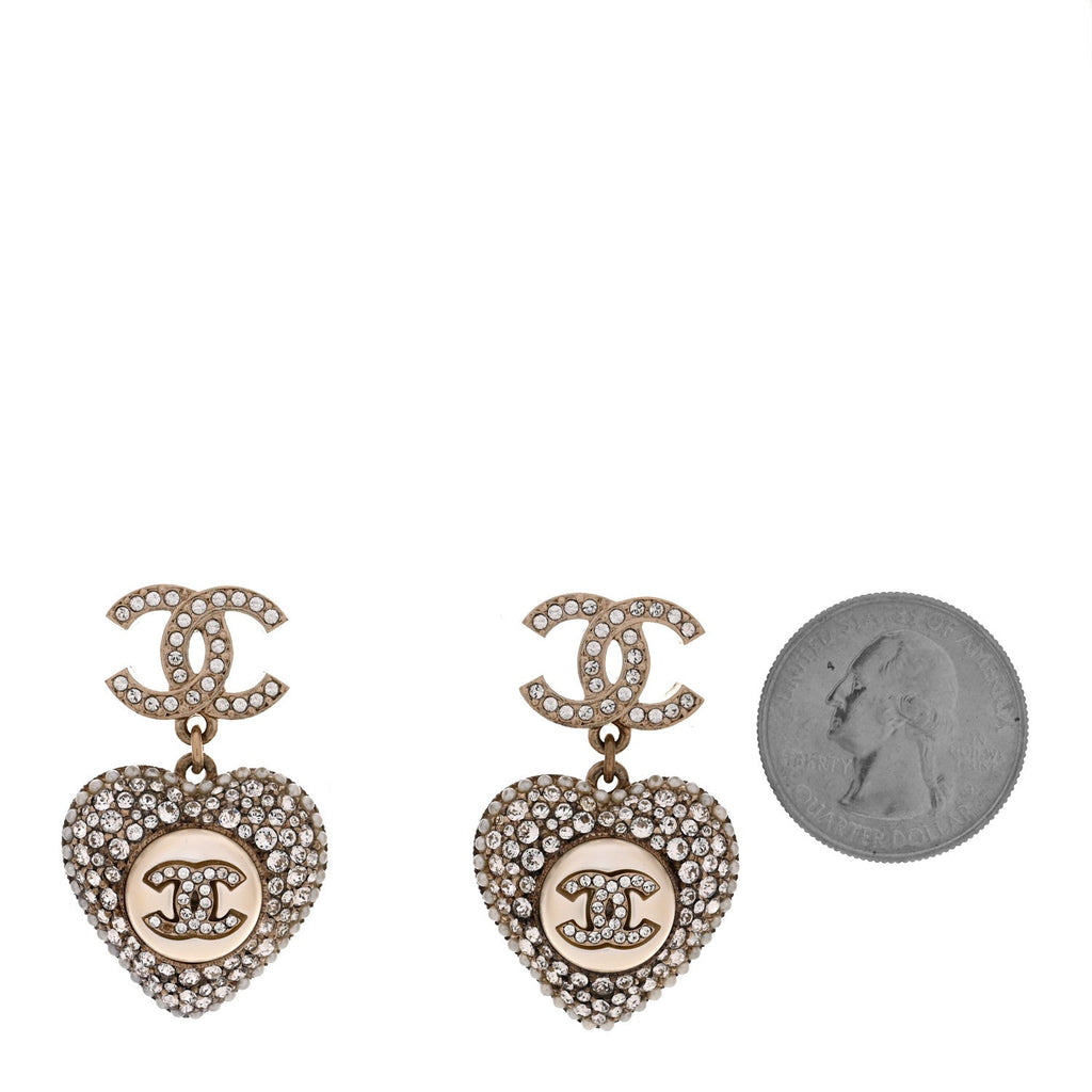 Pearl Crystal CC Heart Drop Earrings Gold White