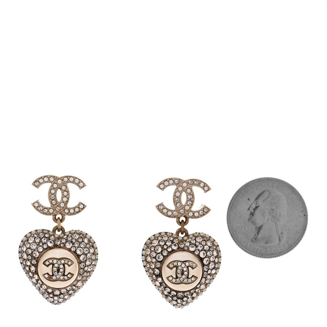 Pearl Crystal CC Heart Drop Earrings Gold White Main Image