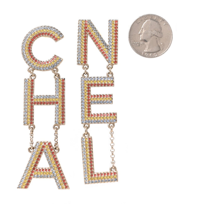 Metal Crystal Rainbow Cha-Nel Logo Drop Earrings Multicolor Gold Main Image