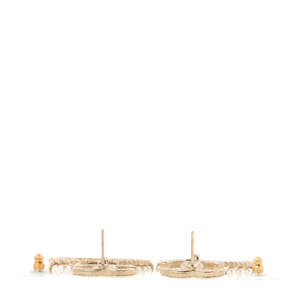 Crystal Pearl Chanel Charms CC Drop Earrings Gold