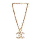Pearl Crystal Lambskin Chain CC Dazzling Domino Necklace White Gold Pink