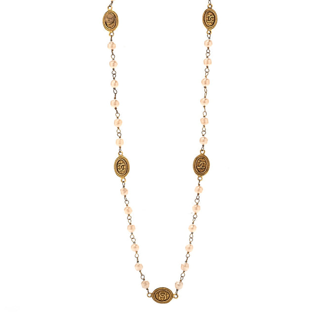 Pearl Medallion Long Necklace Gold Hover Image