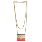 Metal Resin Lambskin Flap Bag Long Necklace Gold Pink