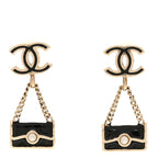 Enamel Pearl CC Flap Bag Drop Earrings Black Gold