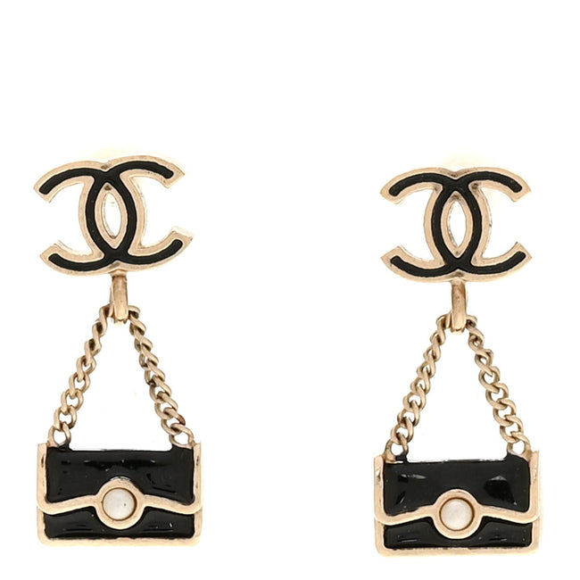 Enamel Pearl CC Flap Bag Drop Earrings Black Gold Hover Image
