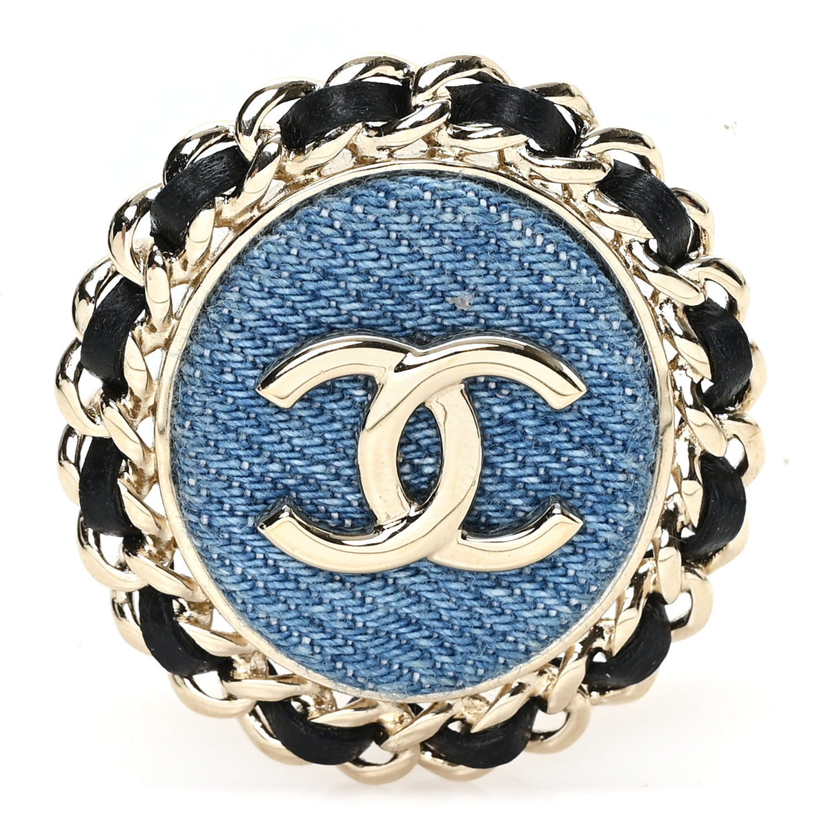 Metal Lambskin Denim CC Brooch Gold Blue Black