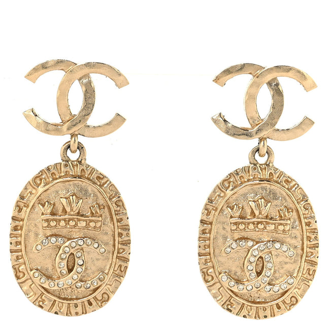 Crystal CC Medallion Drop Earrings Gold Hover Image