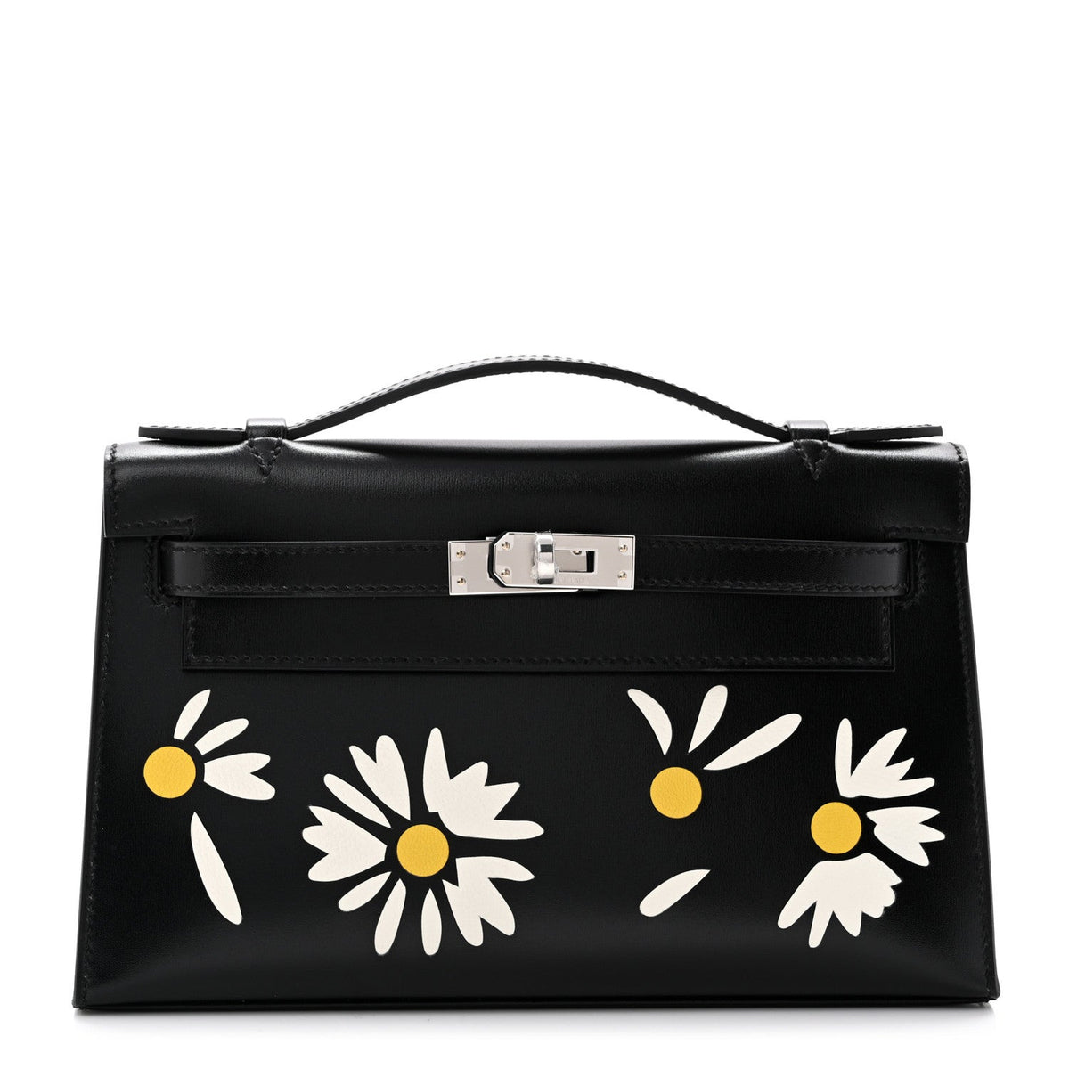 Box Marquetry Daisies Kelly Pochette Clutch Black White Jaune De Naples