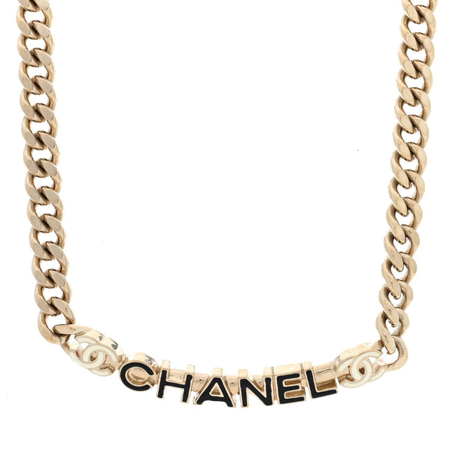 Enamel Metal Logo Choker Necklace Gold Black White Hover Image