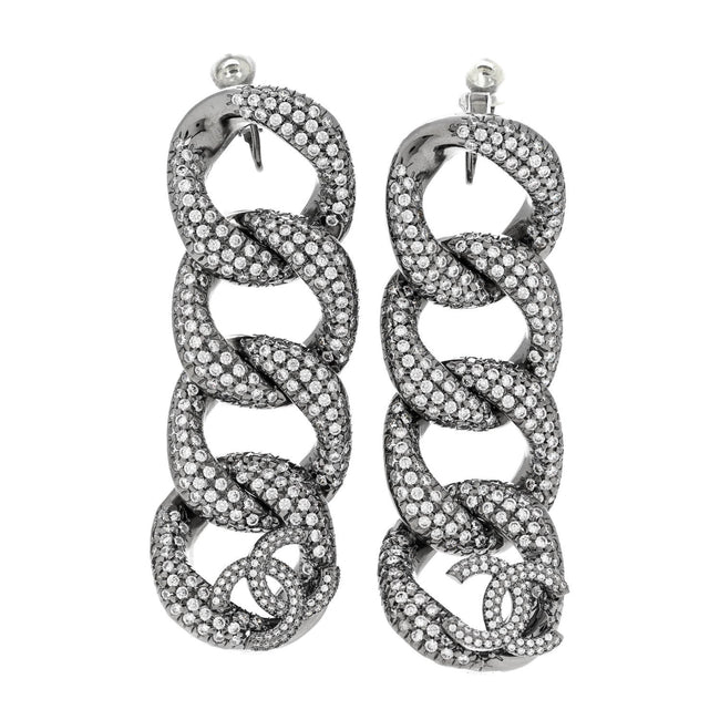 Crystal Chain Link CC Drop Clip On Earrings Black Hover Image