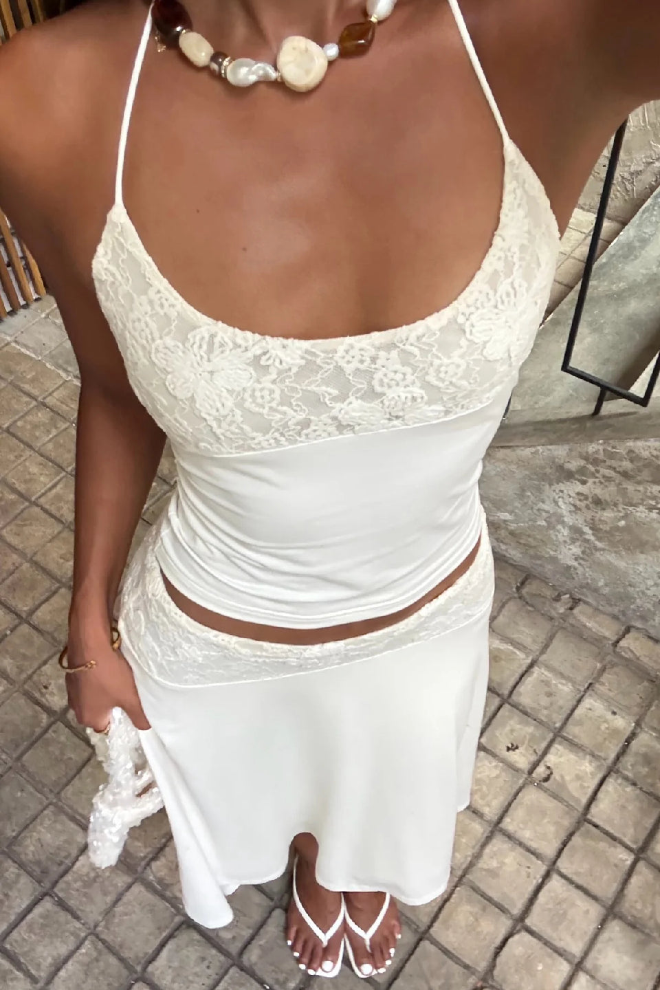 White Halter Lace Sheer Cami Top