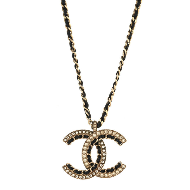 Metal Pearl Crystal Lambskin CC Chain Necklace Gold Black White Hover Image