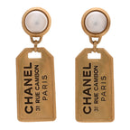 Pearl CC Tags Drop Earrings Gold