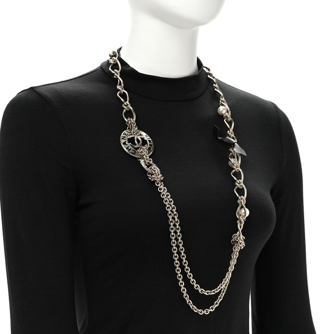 Metal Pearl Chain CC Paris Pendant Long Necklace Light Gold Main Image
