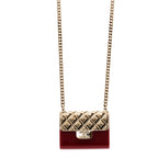 Metal Resin Flap Bag Long Necklace Gold Red