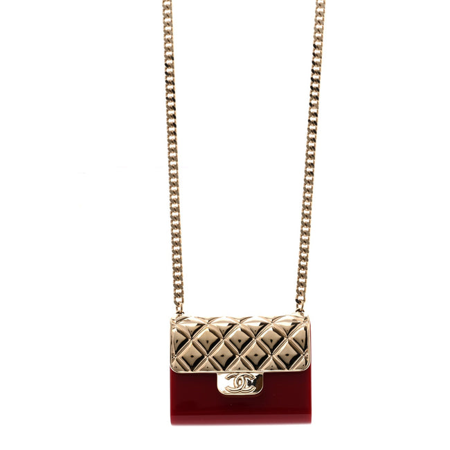 Metal Resin Flap Bag Long Necklace Gold Red Hover Image