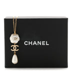 Metal Crystal Pearl 90s Camellia CC Drop Necklace Gold Pearly White