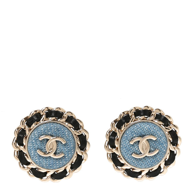 Metal Lambskin Denim CC Round Earrings  Blue Black Hover Image