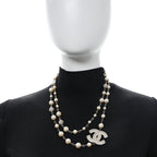 Graduated Pearl Crystal CC Long Necklace Gold Pearly White