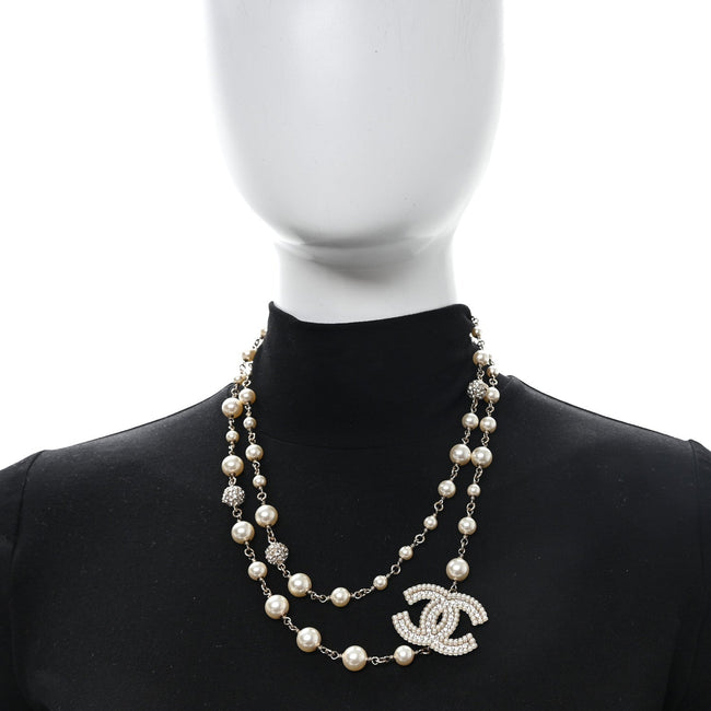 Graduated Pearl Crystal CC Long Necklace Gold Pearly White Main Image