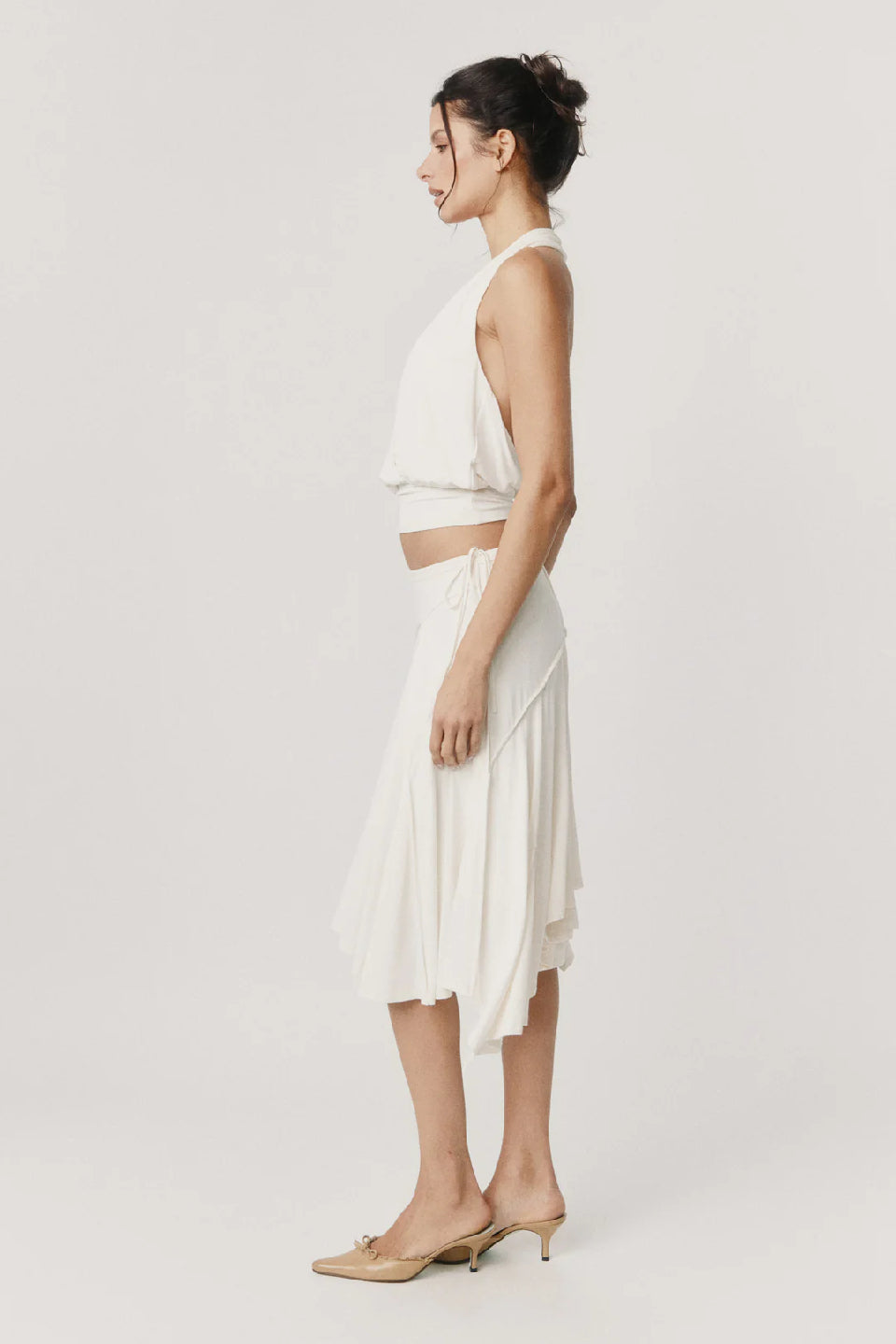 White Ruched Asymmetric Midi Skirt