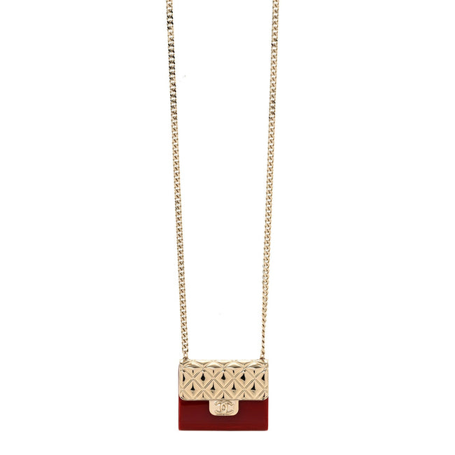 Metal Resin Flap Bag Long Necklace Gold Red Hover Image