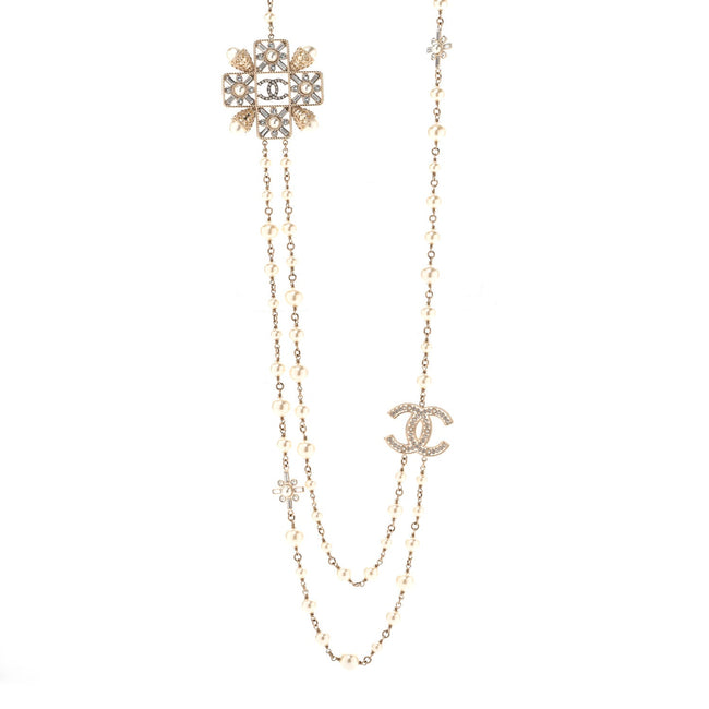 Pearl Crystal CC Long Necklace Gold Hover Image