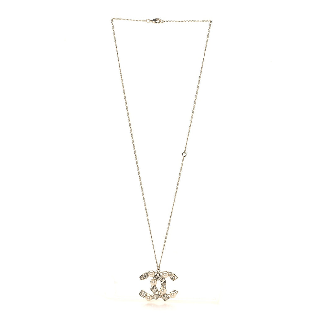 Crystal Pearl CC Pendant Necklace Gold