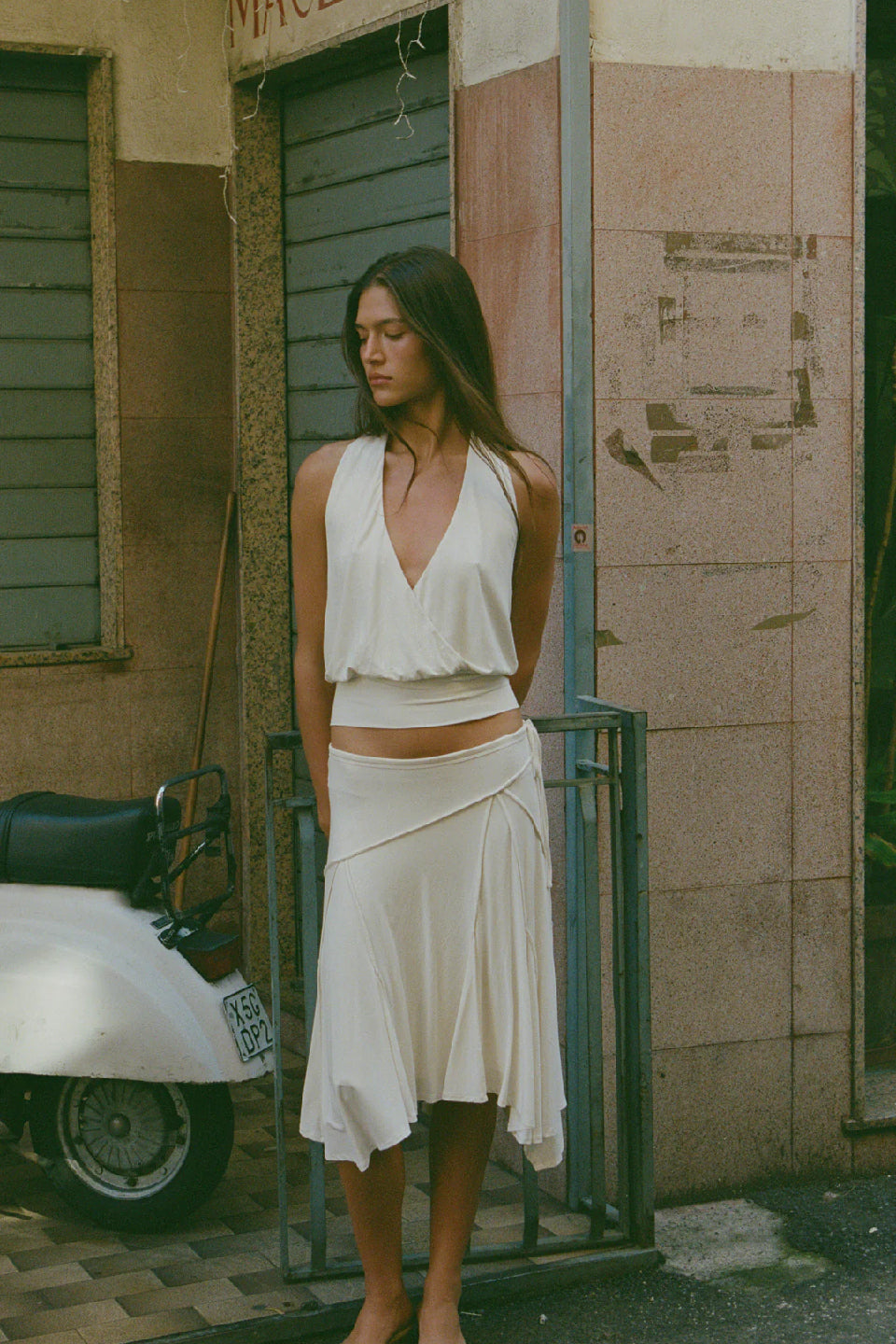 White Ruched Asymmetric Midi Skirt