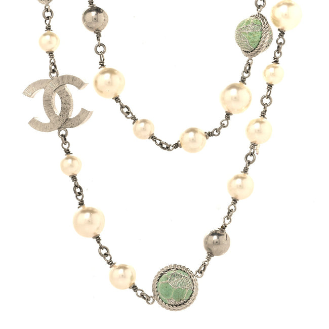 Pearl Beaded CC Long Necklace Silver Green Hover Image