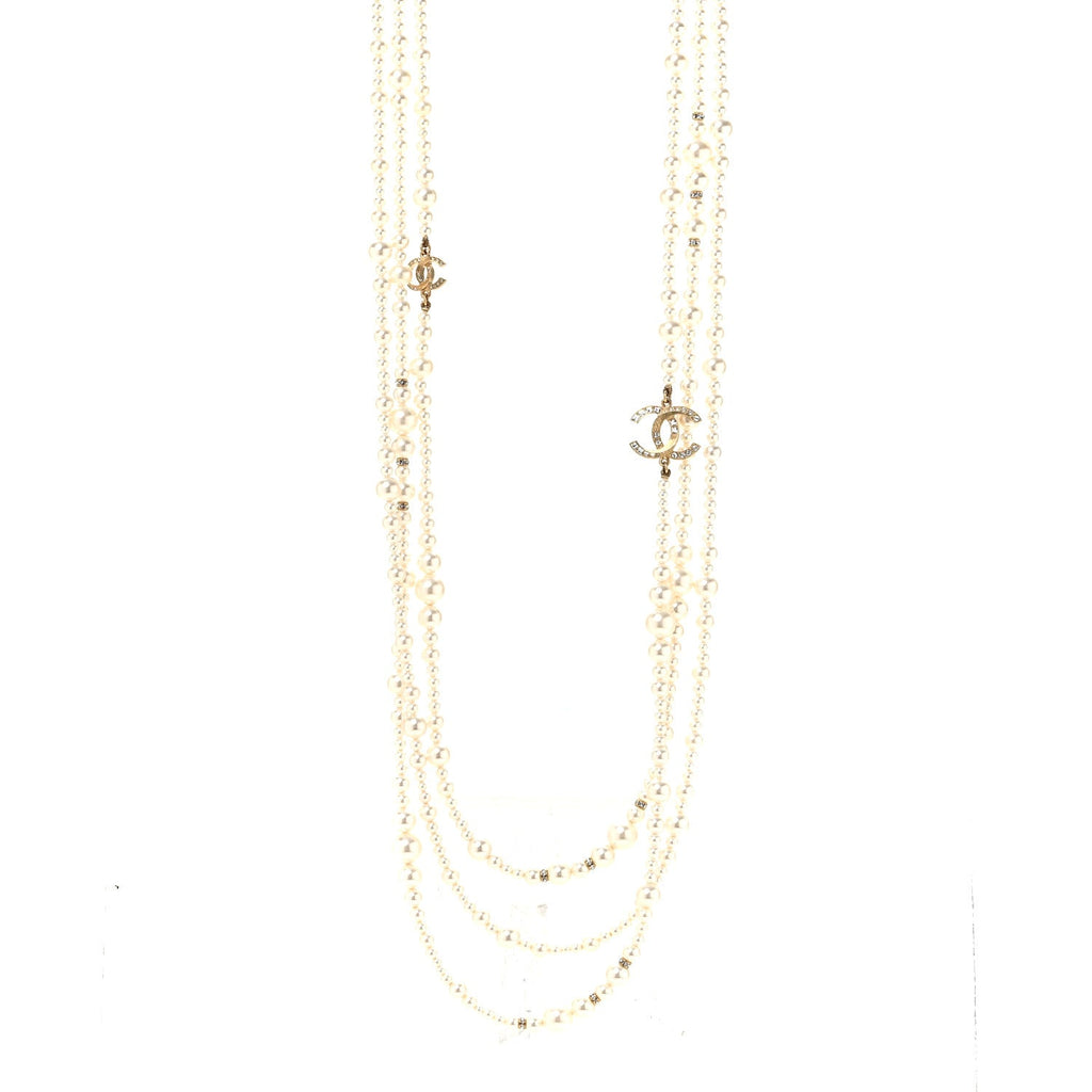 Metal Pearl Crystal Graduated CC Multi Strand Necklace Gold