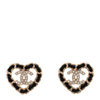 Crystal Lambskin Chain CC Heart Earrings Gold Black