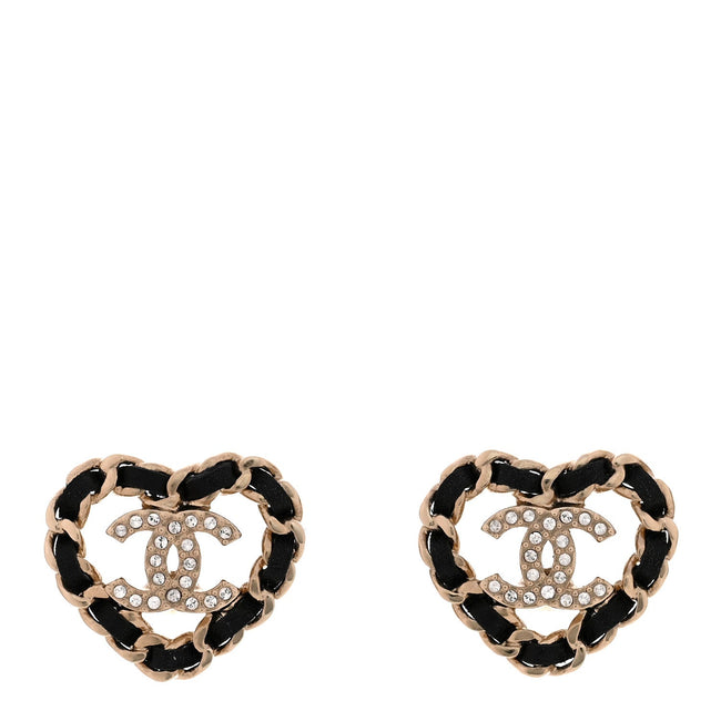 Crystal Lambskin Chain CC Heart Earrings Gold Black Hover Image