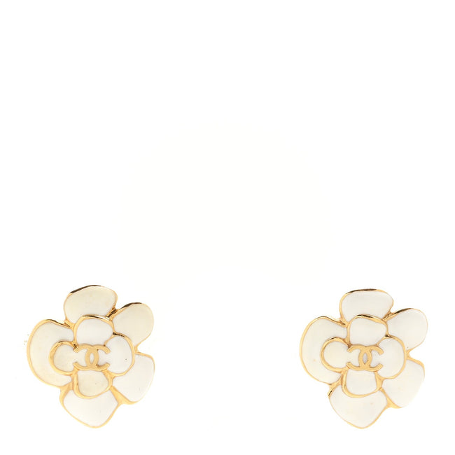 Metal Resin CC Camellia Stud Earrings Gold White Hover Image