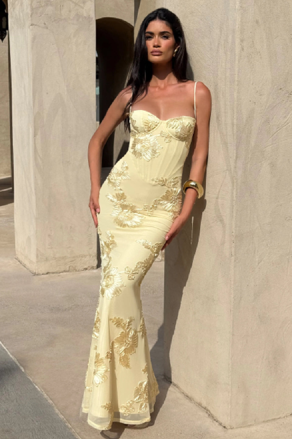 Cream 3D Floral Fishtail Gown