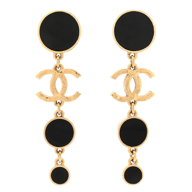 Metal Resin Disc CC Long Drop Earrings Gold Black Main Image
