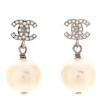 Crystal Pearl CC Drop Earrings Silver Pearly White