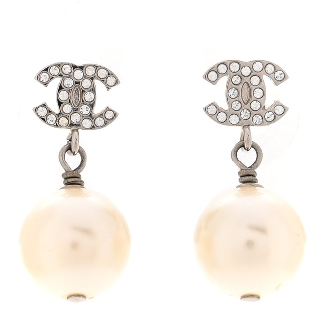 Crystal Pearl CC Drop Earrings Silver Pearly White Hover Image