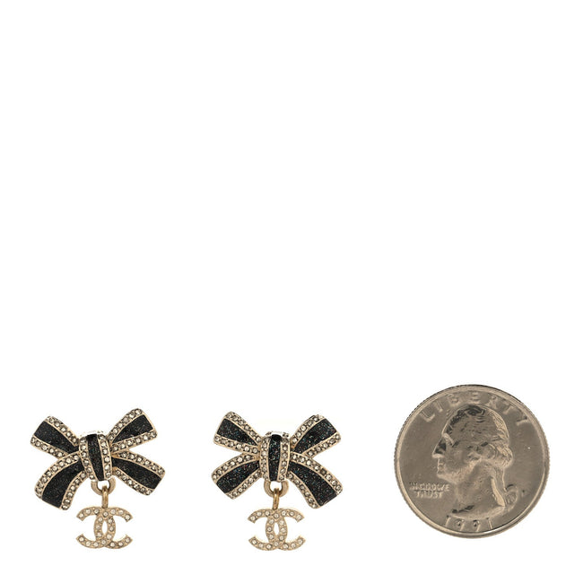 Crystal Glitter Bow Drop CC Earrings Gold Black Main Image