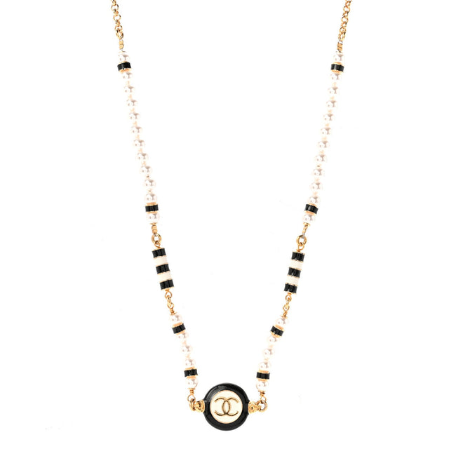 Metal Enamel Pearl CC Necklace Gold Black White Hover Image