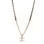 Lambskin Crystal CC Chain Pendant Necklace Black Gold